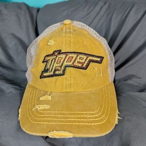 Mustard Yellow Distressed Cap with Dave Tipper EDM DJ Hand-sewn Tinsel Patch.